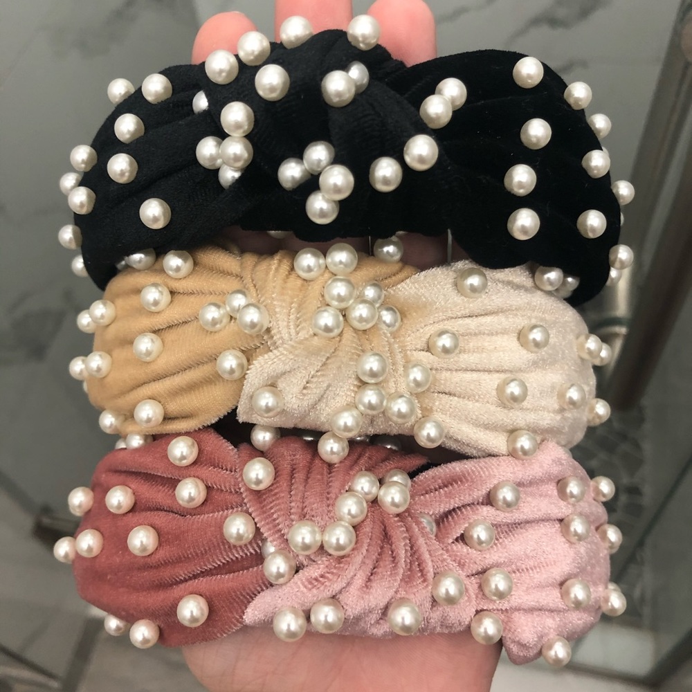 Pearl accent velvet headbands